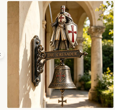 Medieval Templar Knight Wall Bell, Gothic Crusader Statue Doorbell with Cross Pull Chain