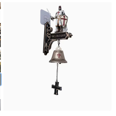 Medieval Templar Knight Wall Bell, Gothic Crusader Statue Doorbell with Cross Pull Chain