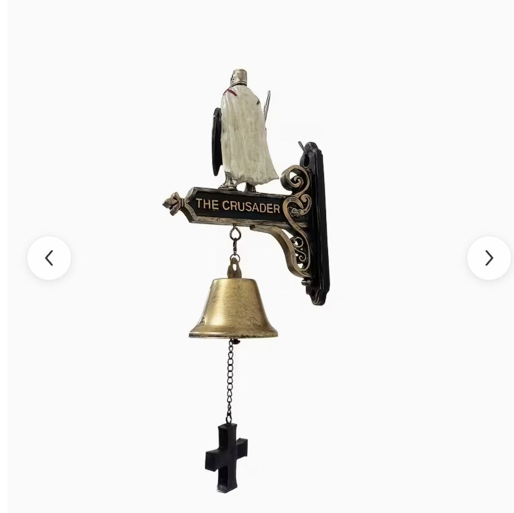 Medieval Templar Knight Wall Bell, Gothic Crusader Statue Doorbell with Cross Pull Chain
