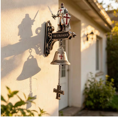 Medieval Templar Knight Wall Bell, Gothic Crusader Statue Doorbell with Cross Pull Chain