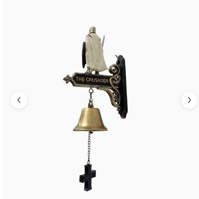 Medieval Templar Knight Wall Bell, Gothic Crusader Statue Doorbell with Cross Pull Chain