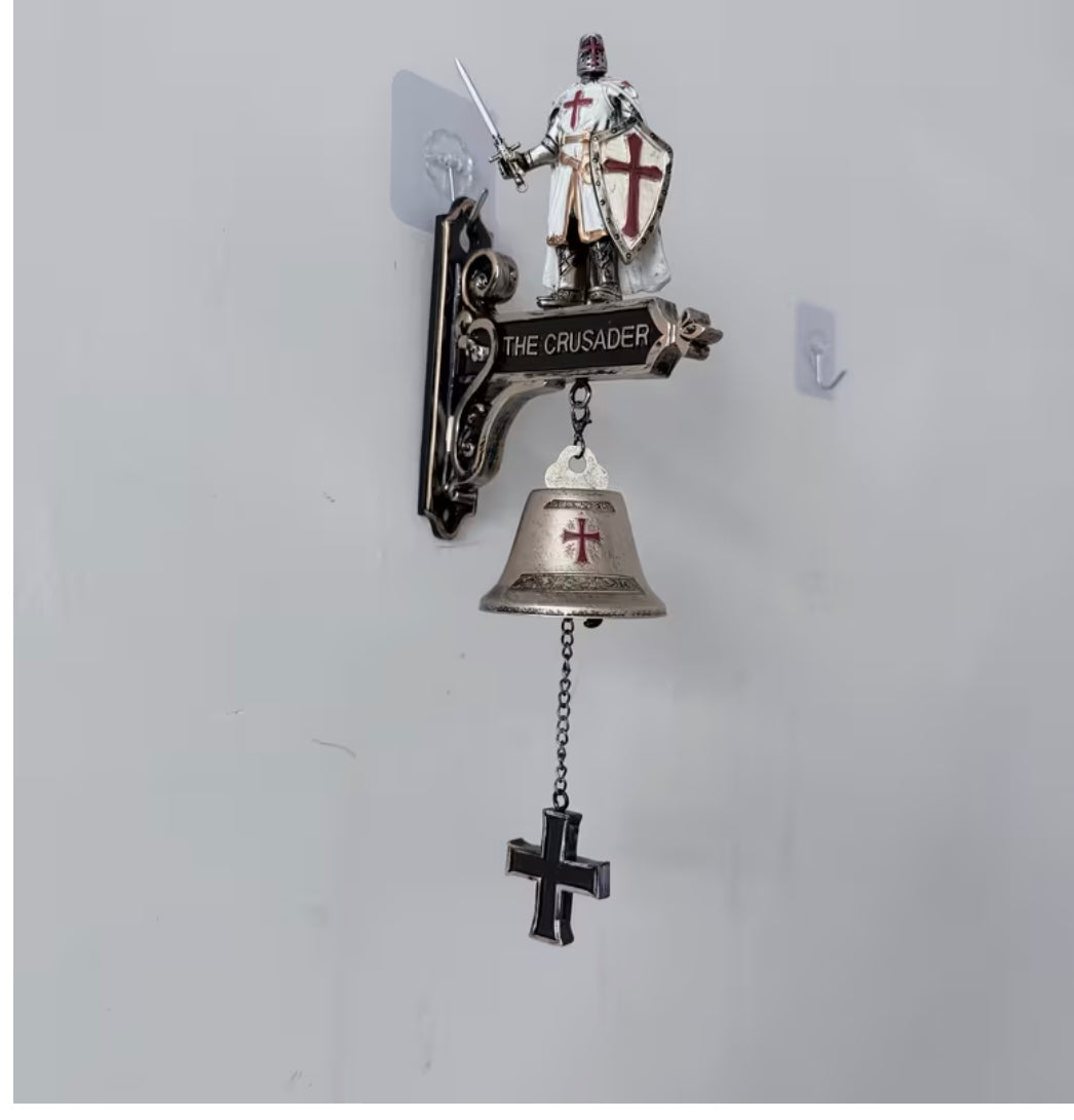 Medieval Templar Knight Wall Bell, Gothic Crusader Statue Doorbell with Cross Pull Chain