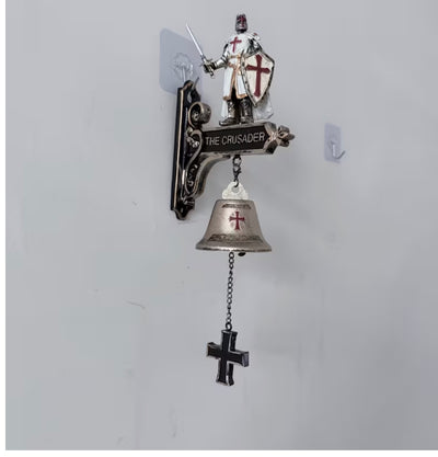 Medieval Templar Knight Wall Bell, Gothic Crusader Statue Doorbell with Cross Pull Chain